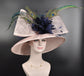 Blush Pink Sinamay Derby Hat: Navy Feather Flowers, Wide Brim
