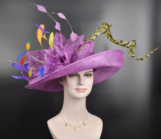 Purple Gold Royal Blue  Wide Brim Kentucky Derby Hat, Ascot Hat for Wedding & Tea Party, Garden Party Hat, Mother of the Bride, Church