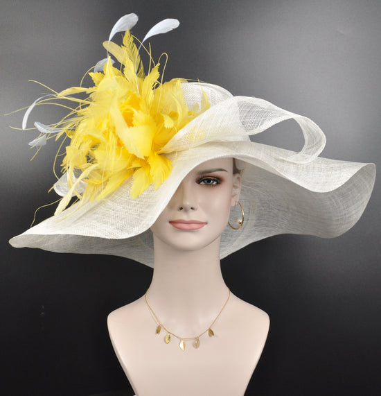 Wide Brim Sinamay Derby Hat: White & Yellow Feathered Church Hat