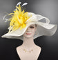 Wide Brim Sinamay Derby Hat: White & Yellow Feathered Church Hat
