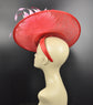 Red Sinamay Saucer Hat: Pink Jumbo Feather Flower, Kentucky Derby
