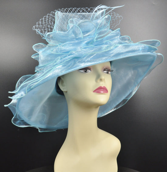 Blue Organza Kentucky Derby Hat: Medium Brim Wedding Church Hat
