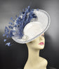 White Sinamay Fascinator Hat: Navy Feather Flower, Rhinestone Derby Hat