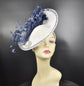White Sinamay Fascinator Hat: Navy Feather Flower, Rhinestone Derby Hat