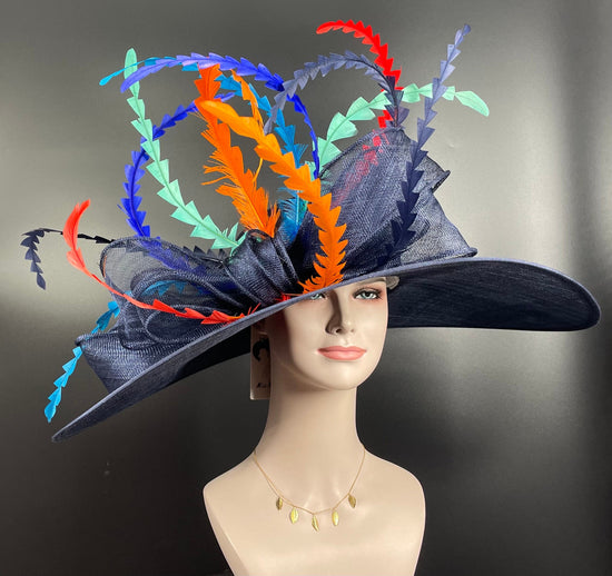 Navy Blue Feather Kentucky Derby Hat: Royal Ascot Sinamay Bow