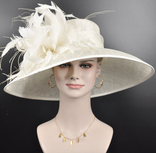 Ivory Feather Flower Derby Hat, Wide Brim Sinamay Ascot Hat