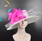 Wide Brim Sinamay Derby Hat: Fuchsia Feather Flower, Adjustable