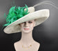 Wide Brim Sinamay Derby Hat: Ivory & Kelly Green Feather Ascot Hat