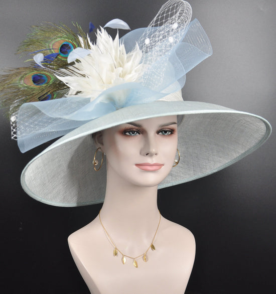 Wide Brim Sinamay Kentucky Derby Hat: Powder Blue Feather Flower