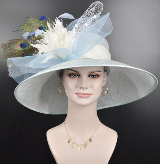 Wide Brim Sinamay Derby Hat: Powder Blue Feather Flower