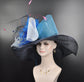 Wide Brim Sinamay Hat, Kentucky Derby Hat, Church hat, Tea Party Hat, Custom hat, Formal Hat, Fashion Hat Navy Blue w Teal Blue White Pink