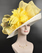 Wide Brim Sinamay Derby Hat: White & Yellow Feather Ascot Hat