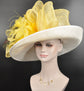 Wide Brim Sinamay Derby Hat: White & Yellow Feather Ascot Hat