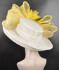 Wide Brim Sinamay Derby Hat: White & Yellow Feather Ascot Hat