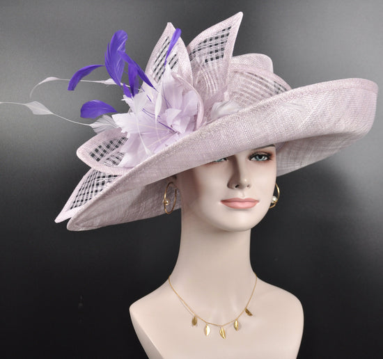 Wide Brim Sinamay Kentucky Derby Hat: Lilac & Purple Feathered Tea Party Hat