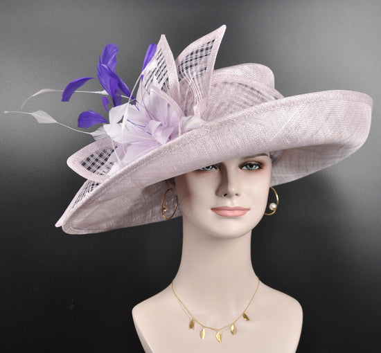 Wide Brim Sinamay Derby Hat: Lilac & Purple Feathered Tea Party Hat