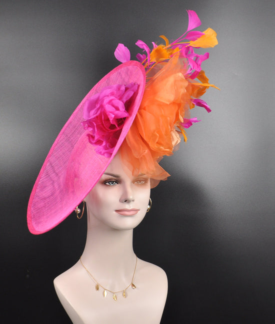 Hot Pink Sinamay DerbyFascinator Hat, Orange Silk Flowers
