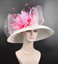 Wide Brim Sinamay Derby Hat: White with Pink Feather Flower