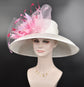 Wide Brim Sinamay Derby Hat: White with Pink Feather Flower