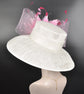 Wide Brim Sinamay Derby Hat: White with Pink Feather Flower