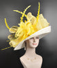 Wide Brim Sinamay Derby Hat: White & Yellow Feather Kentucky Oaks Hat
