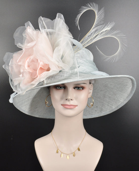 Powder Blue Sinamay Derby Hat: Wide Brim Feathered Tea Party Hat
