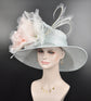 Powder Blue Sinamay Kentucky Derby Hat: Wide Brim Feathered Tea Party Hat
