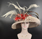 Wide Brim Sinamay Derby Hat: Taupe, Red, Black Feather Flower