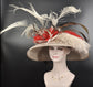 Wide Brim Sinamay Derby Hat: Taupe, Red, Black Feather Flower