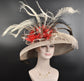 Wide Brim Sinamay Derby Hat: Taupe, Red, Black Feather Flower