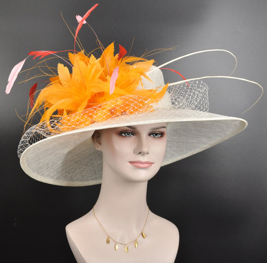 Wide Brim Sinamay Kentucky Derby Hat: Feather Flower Quills
