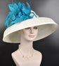 Wide Brim Sinamay Derby Hat: Ivory & Process Blue Feather Dome