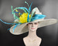 Wide Brim Sinamay Derby Hat: Ivory, Teal, Feather Ascot Hat