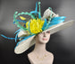 Wide Brim Sinamay Derby Hat: Ivory, Teal, Feather Ascot Hat
