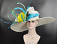 Wide Brim Sinamay Derby Hat: Ivory, Teal, Feather Ascot Hat