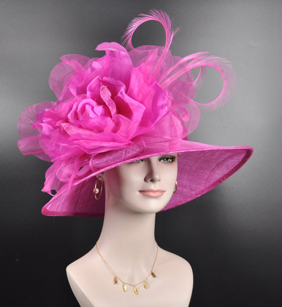 Hot Pink W Silk Flower Wide Brim Sinamay Hat, Kentucky Derby Hat, Church hat, Tea Party Hat, Custom hat, Formal Hat, Fashion Hat