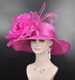 Hot Pink W Silk Flower Wide Brim Sinamay Hat, Kentucky Derby Hat, Church hat, Tea Party Hat, Custom hat, Formal Hat, Fashion Hat
