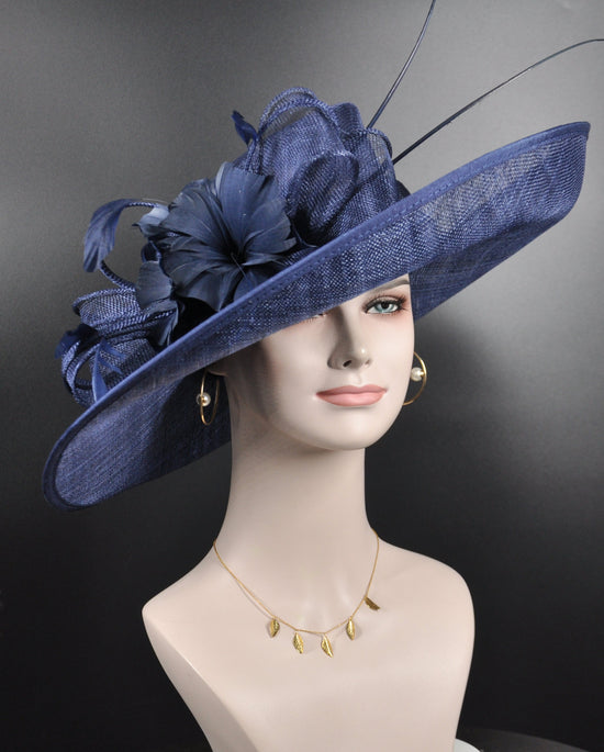 Navy Blue Sinamay Derby Hat: Wide Brim Wedding, Tea Party