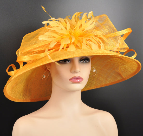 Orange Sinamay Kentucky Derby Hat: Feather Flower Tea Party Wedding