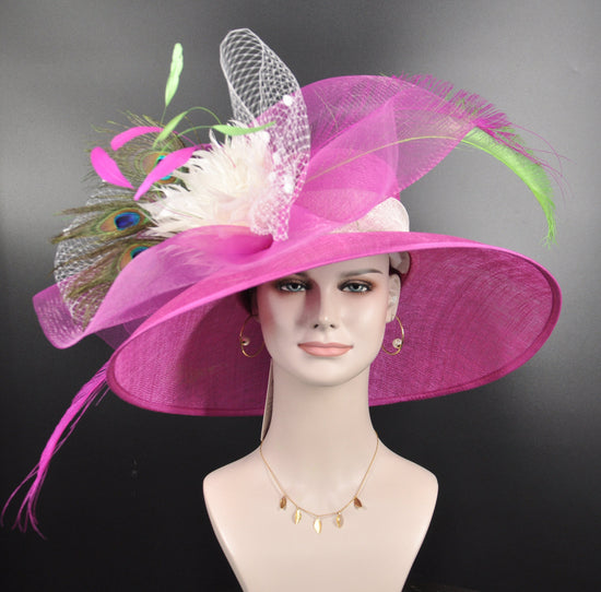 Wide Brim Sinamay Derby Hat: Hot Pink Feather Flower Church Hat