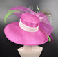 Wide Brim Sinamay Kentucky Derby Hat: Hot Pink Feather Flower Church Hat