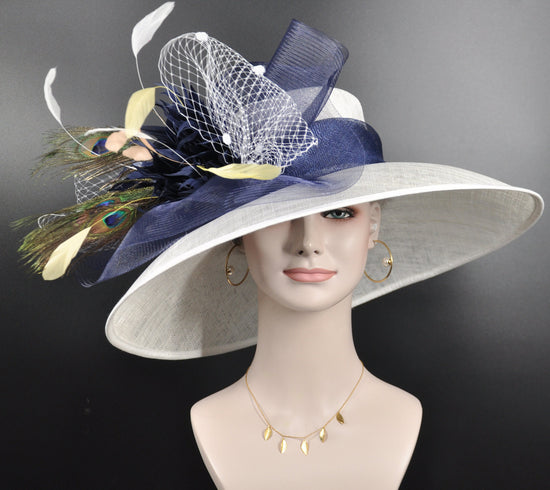 Wide Brim Sinamay Derby Hat: White, Navy, Peach Feathers