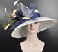 Wide Brim Sinamay Kentucky Derby Hat: White, Navy, Peach Feathers