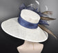 Wide Brim Sinamay Kentucky Derby Hat: White, Navy, Peach Feathers