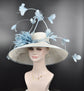 Wide Brim Derby Hat: White & Powder Blue Feathered Ascot Hat