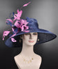 Navy Sinamay Kentucky Derby Hat: Hot Pink Feather Flowers Wide Brim