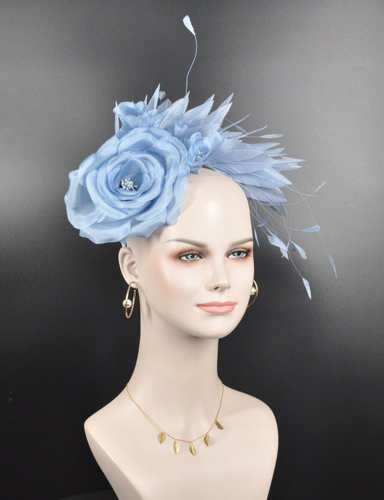 Powder Blue Silk Flower Fascinator Hat: Goose & Rooster Feathers