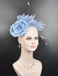 Powder Blue Silk Flower Fascinator Hat: Goose & Rooster Feathers
