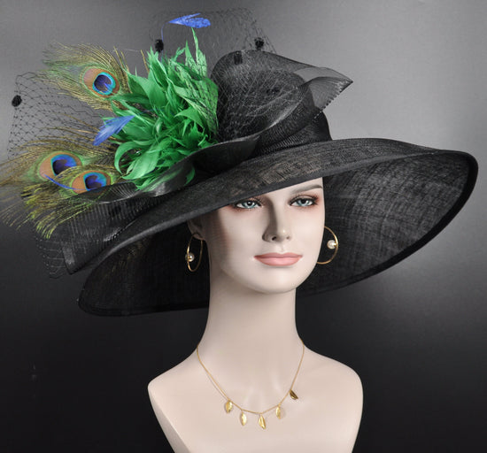 Kentucky Derby Hat: Black Sinamay Wide Brim with Green Flower & Peacock Feathers