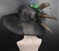 Kentucky Derby Hat: Black Sinamay Wide Brim with Green Flower & Peacock Feathers
